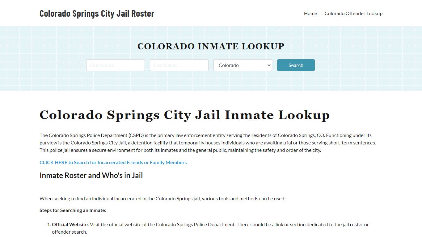 Colorado Springs Police Department Jail Inmate Lookup